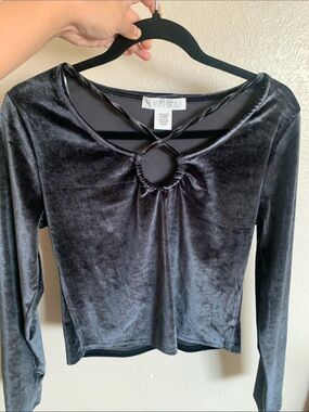 Planet Gold Black Velvet Long Sleeve Top with Front Ring Detail